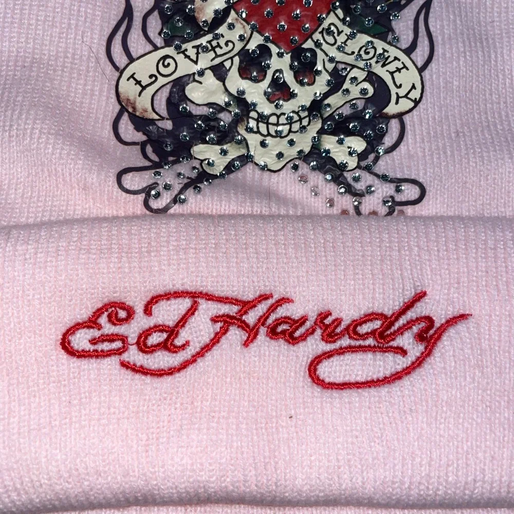 Ed Hardy 2 Pack Beanies Pink Love Kills Slowly Black Tiger Rhinestone Y2K Hat